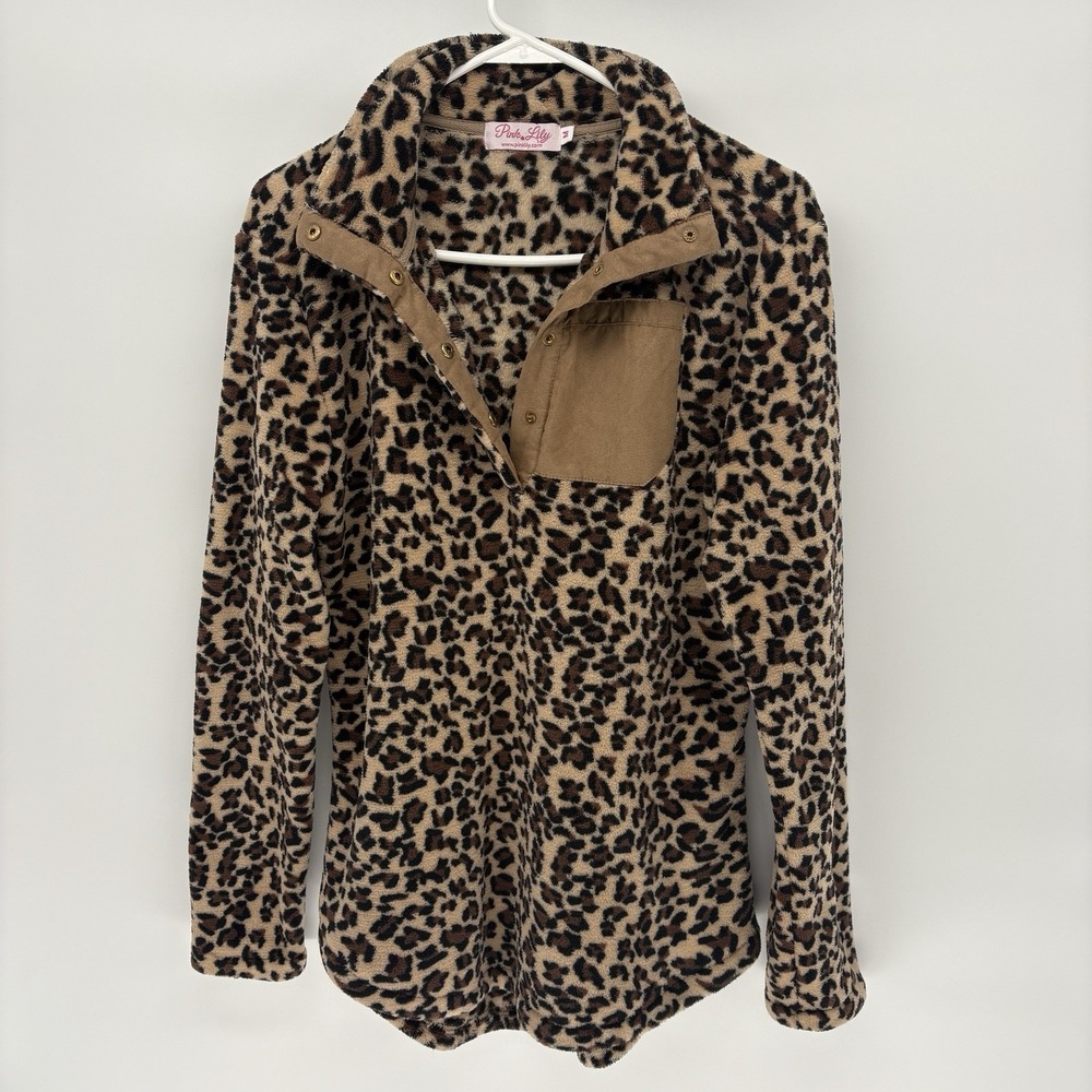Pink Lily leopard‎ Print Fleece Pullover Quarter Button Snap T Women M